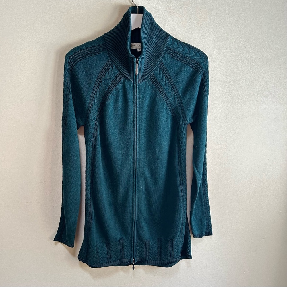 Indigenous ~ Hand Loomed in Peru Teal Long Line Cardigan Sweater Size Small - Picture 2 of 12